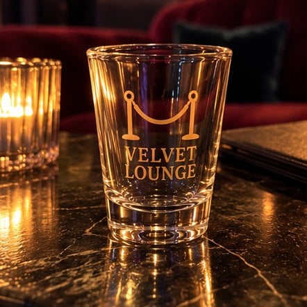 Custom shot glass on a lounge table
