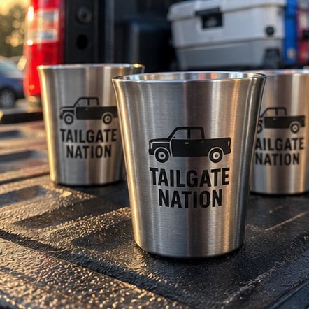 Engraved stainless steel shot cups on a tailgate