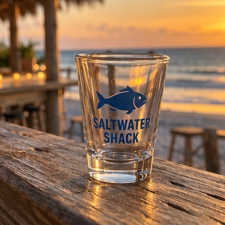 Personalized shot glass on a beach bar